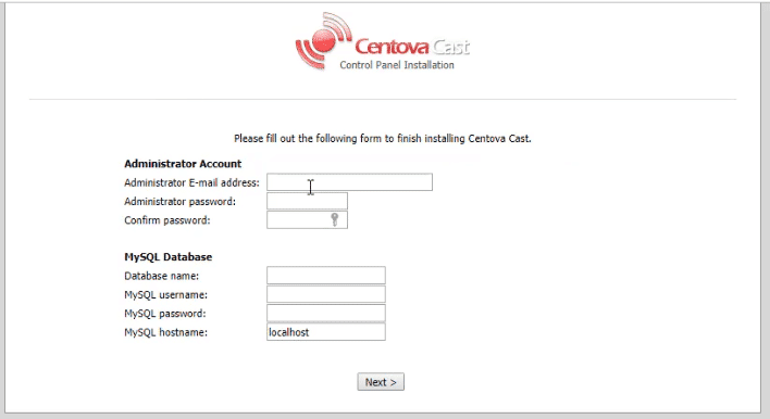 Ingreso de datos de administrador en Centovacast